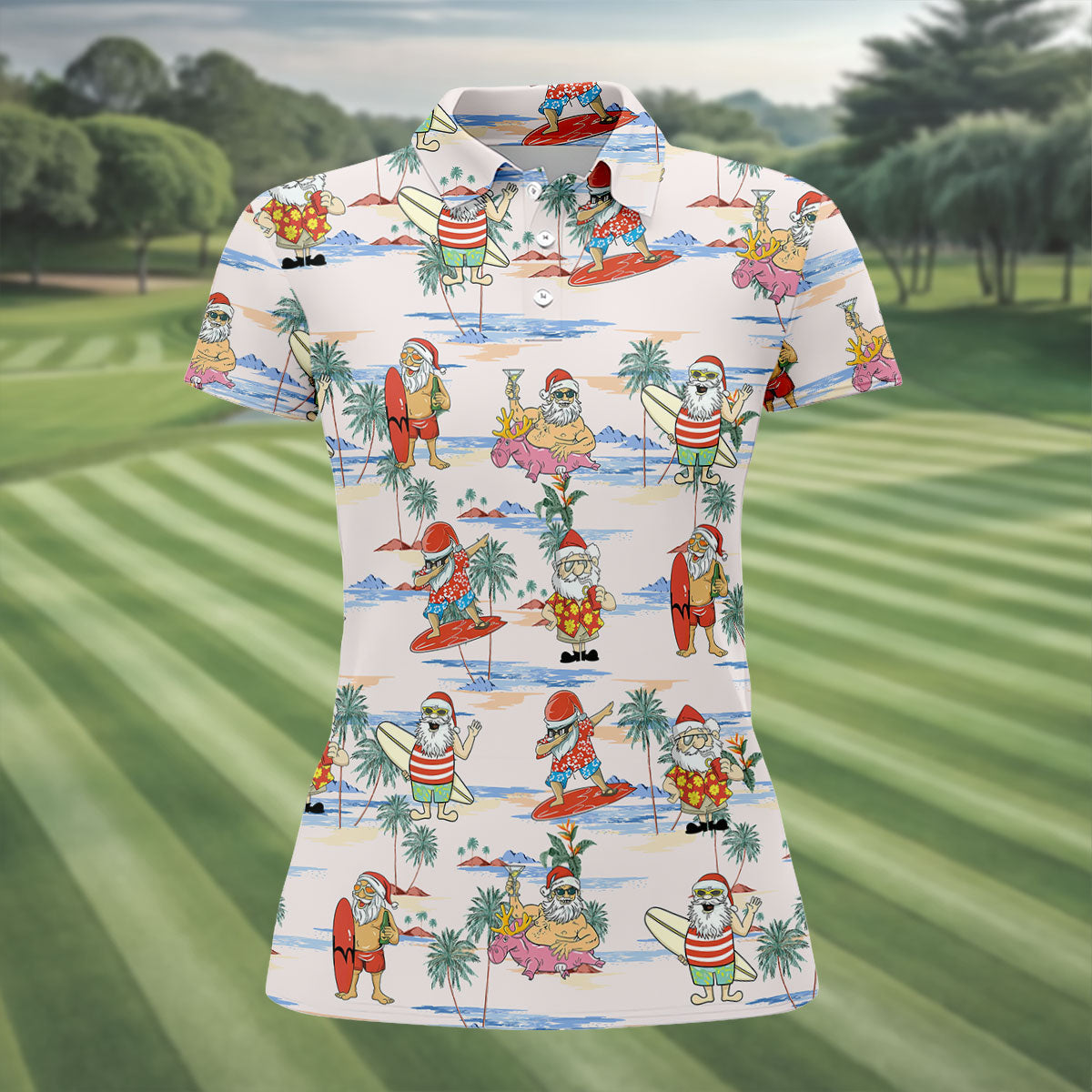 Funny Tropical Santa Christmas Golf Shirt, Women's Golf Tops, Hawaiian Golf Shirt, Printed Golf Shirt