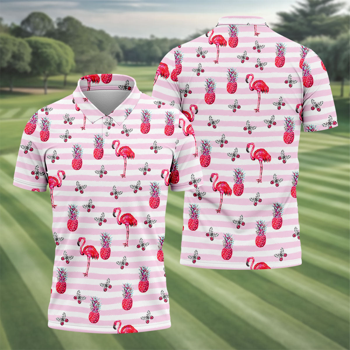 Pink Flamingo Pineapple Hawaiian Golf Polo Shirt, Polo Shirts For Men, Printed Golf Shirts