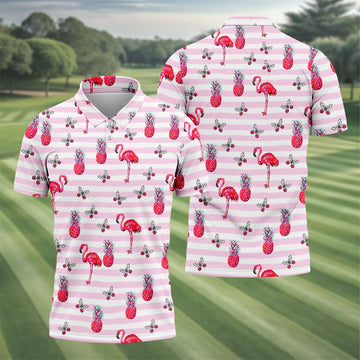 Pink Flamingo Pineapple Hawaiian Golf Polo Shirt, Polo Shirts For Men, Printed Golf Shirts