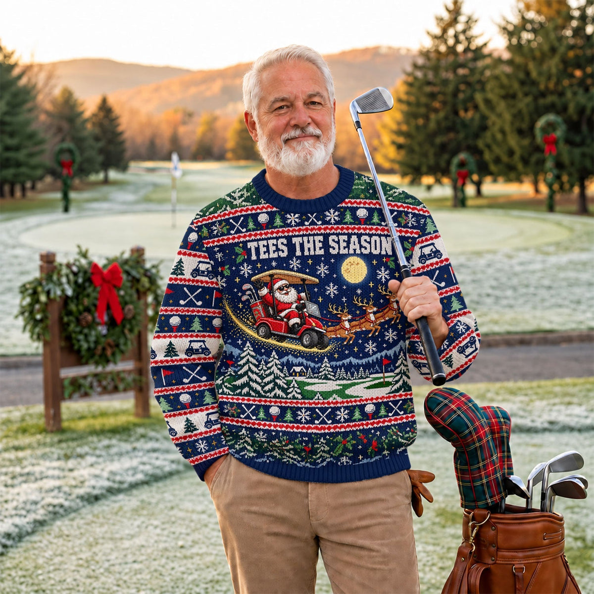 Tees The Season Santa Golf Cart Ugly Christmas Sweater, Golf Apparel, Holiday Gifts