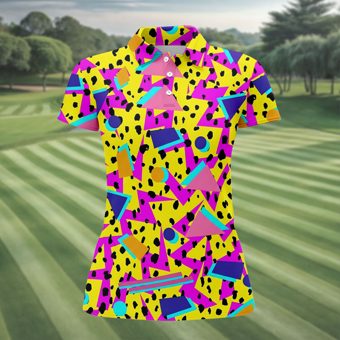 Retro Neon Geometric Shapes Yellow Golf Shirt, Ladies Golf Tops, Golf Polo For Women, Women’s Golf Apparel