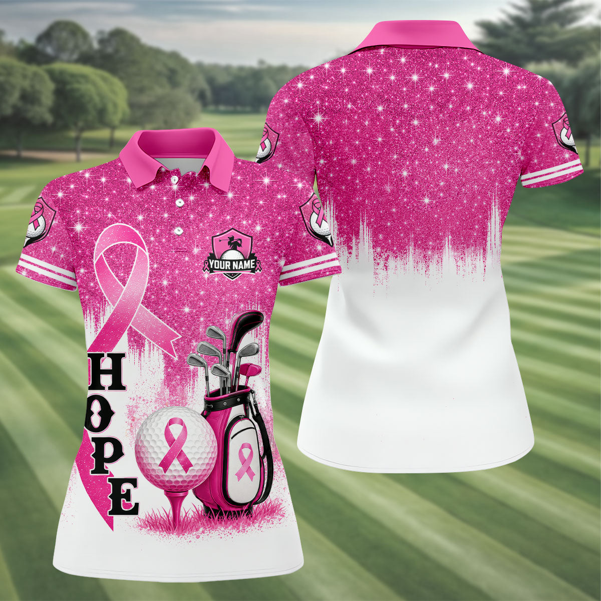 Custom Male Golfer Hope Breast Cancer Polo Shirt, Women’s Golf Apparel, Ladies Golf Top