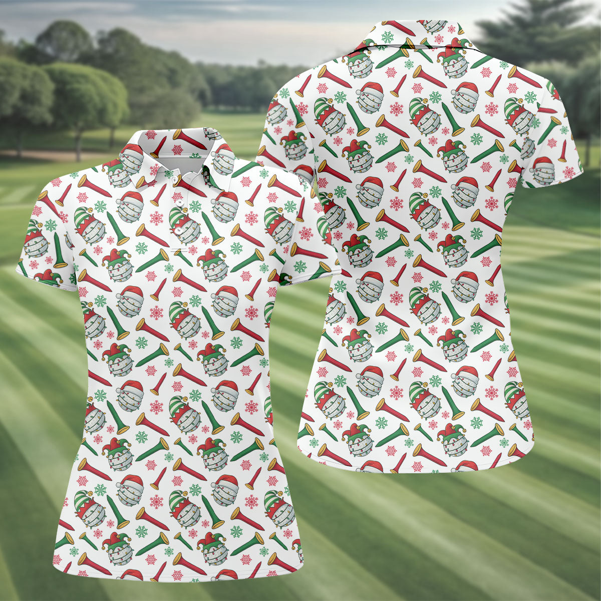 Funny Golf Ball Christmas Golf Shirt, White Polo Women, Ladies Golf Shirts, Golfing Apparel