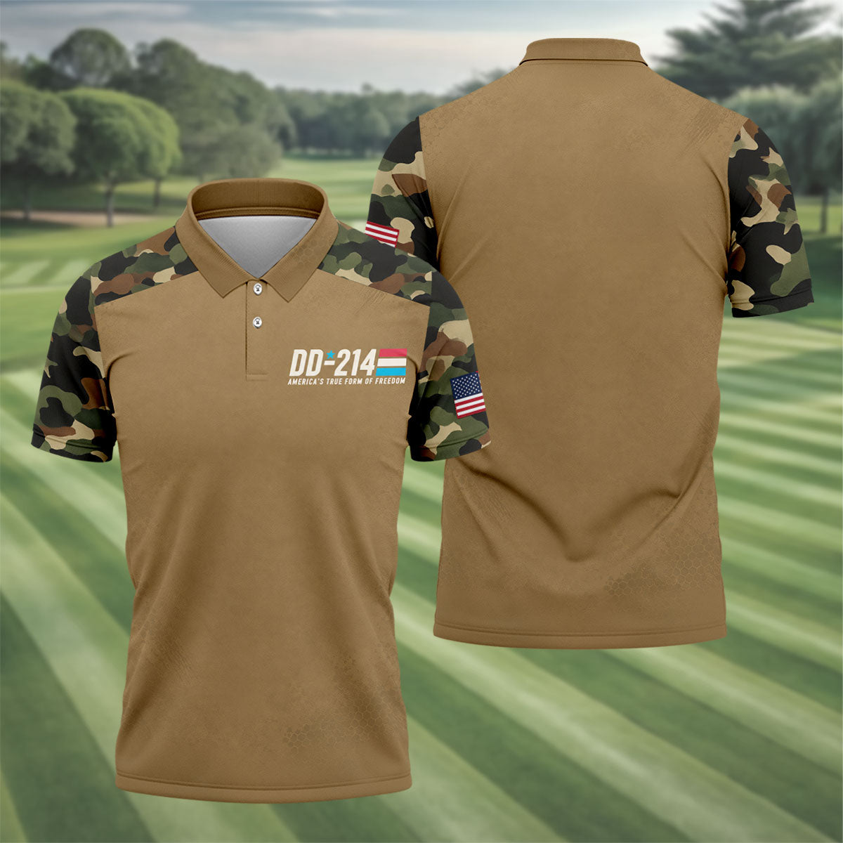 DD-214 Tan Military Camo Freedom Polo Shirt, Veterans Day Shirt, Golf Shirts For Men