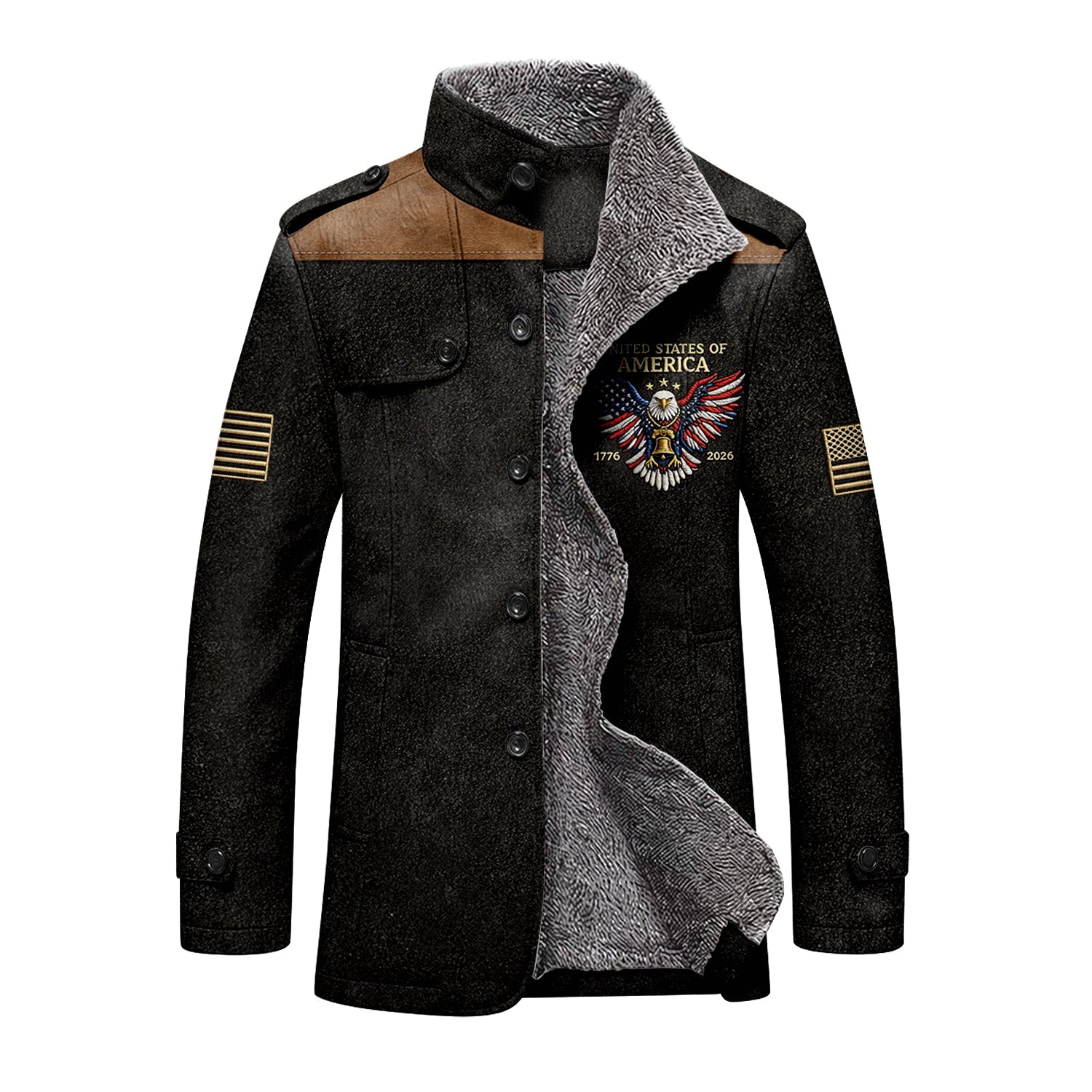 250 Years Red White Blue USA Bald Eagle Men's Cold Premium Weather Jacket, Leather Trench Coat