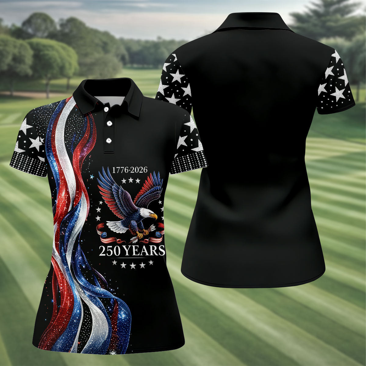 USA 250th Anniversary Bald Eagle Galaxy Art Golf Shirt, Patriotic 4th Of July Golf Shirt For Women