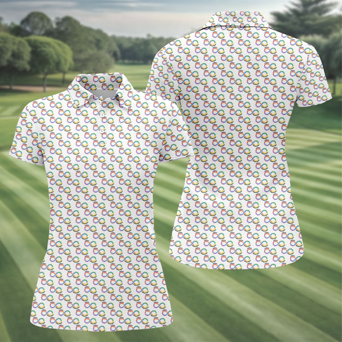 Embrace Neurodiversity Rainbow Infinity Symbol Autism Awareness White Golf Shirt, Women's Golf Tops
