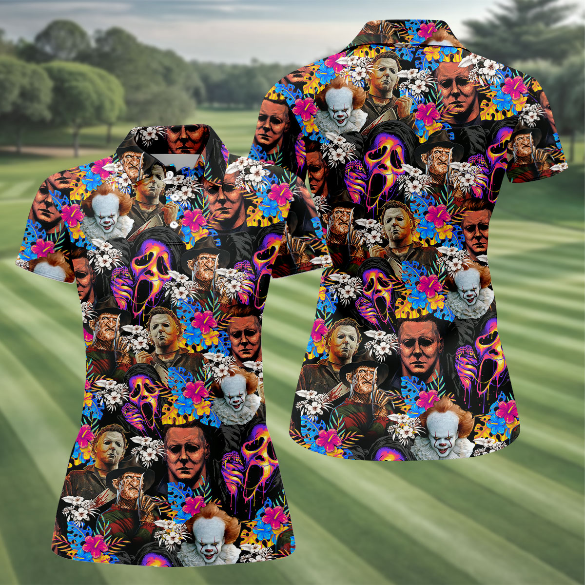 Tropical Horror Character Hawaiian Golf Shirt, Women's Golf Polo, Halloween Golf Shirt