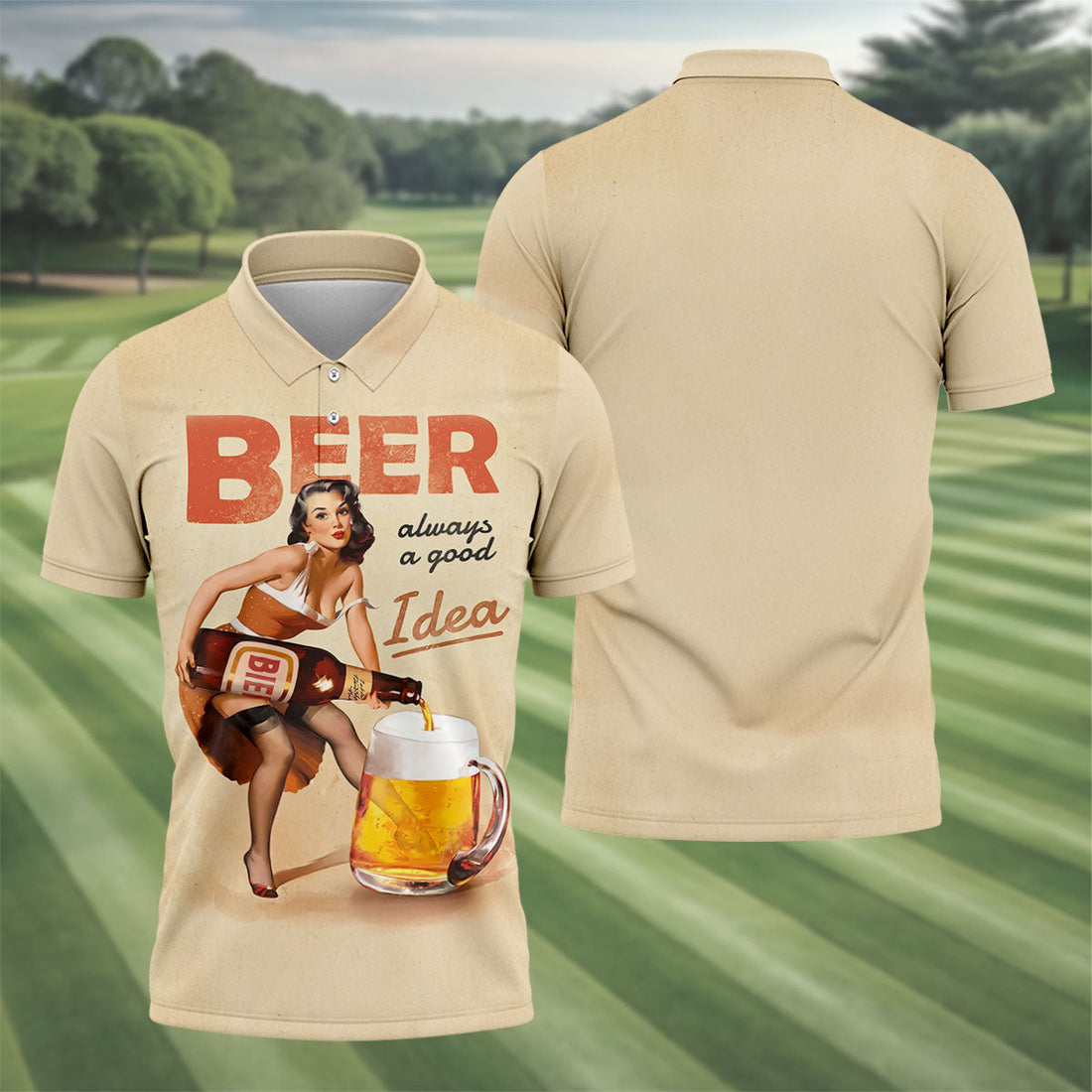 Vintage Beer Pin-Up Girl Design Hawaiian Golf Shirt, Golf Shirts For Men, Polo Shirts For Men