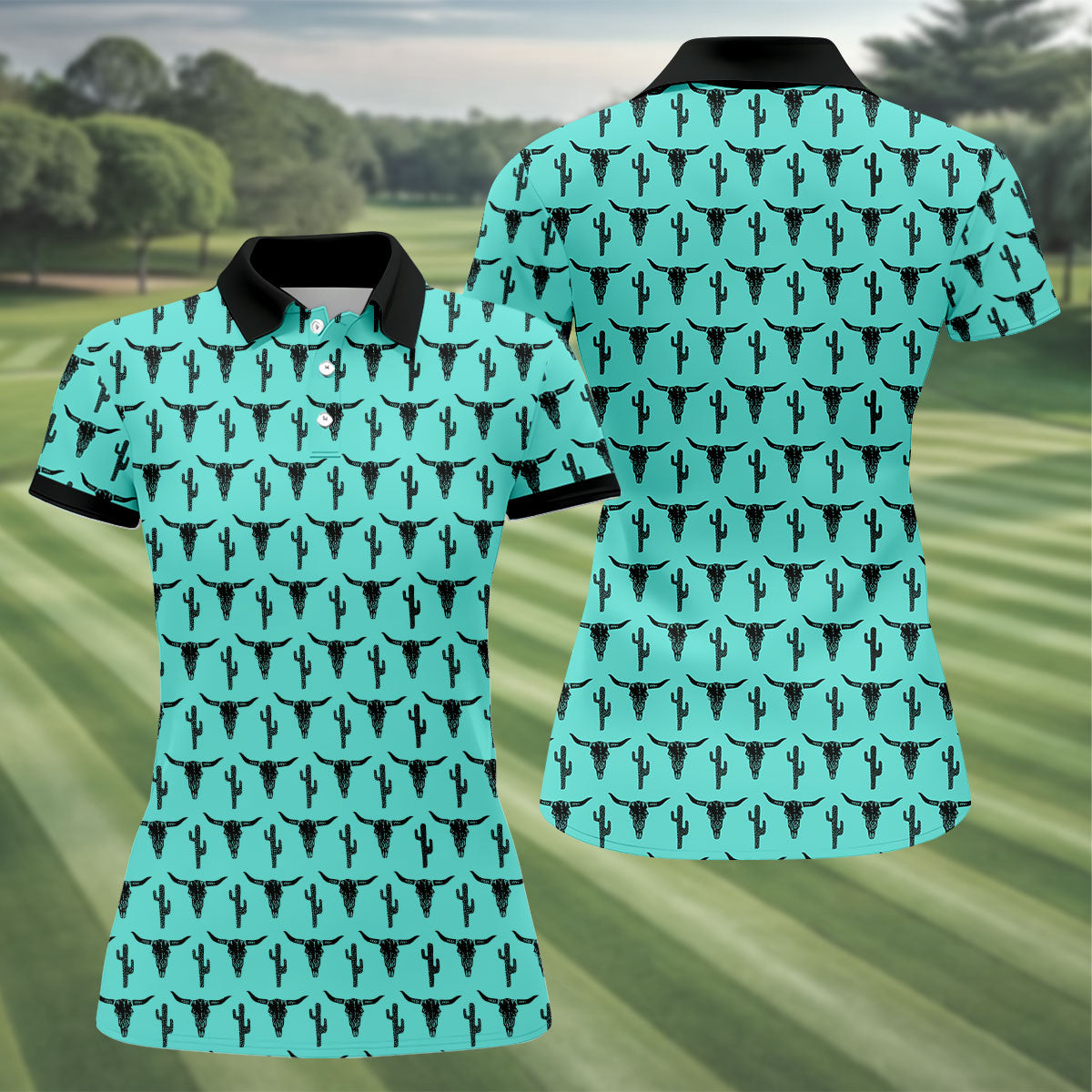 Longhorn Cow Skull Western Theme Peacock Blue Women Golf Top, Ladies Golf Shirts, Golf Shirt For Women