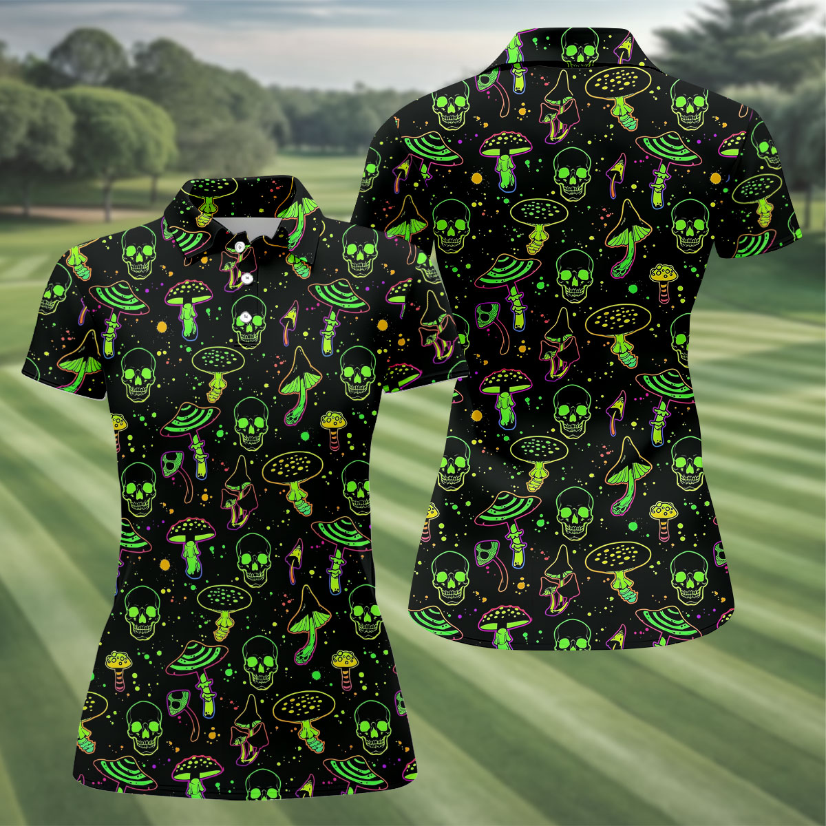 Mushroom And Skull Neon Pattern Hawaiian Golf Shirt, Fun Golf Shirt, Women's Golf Tops