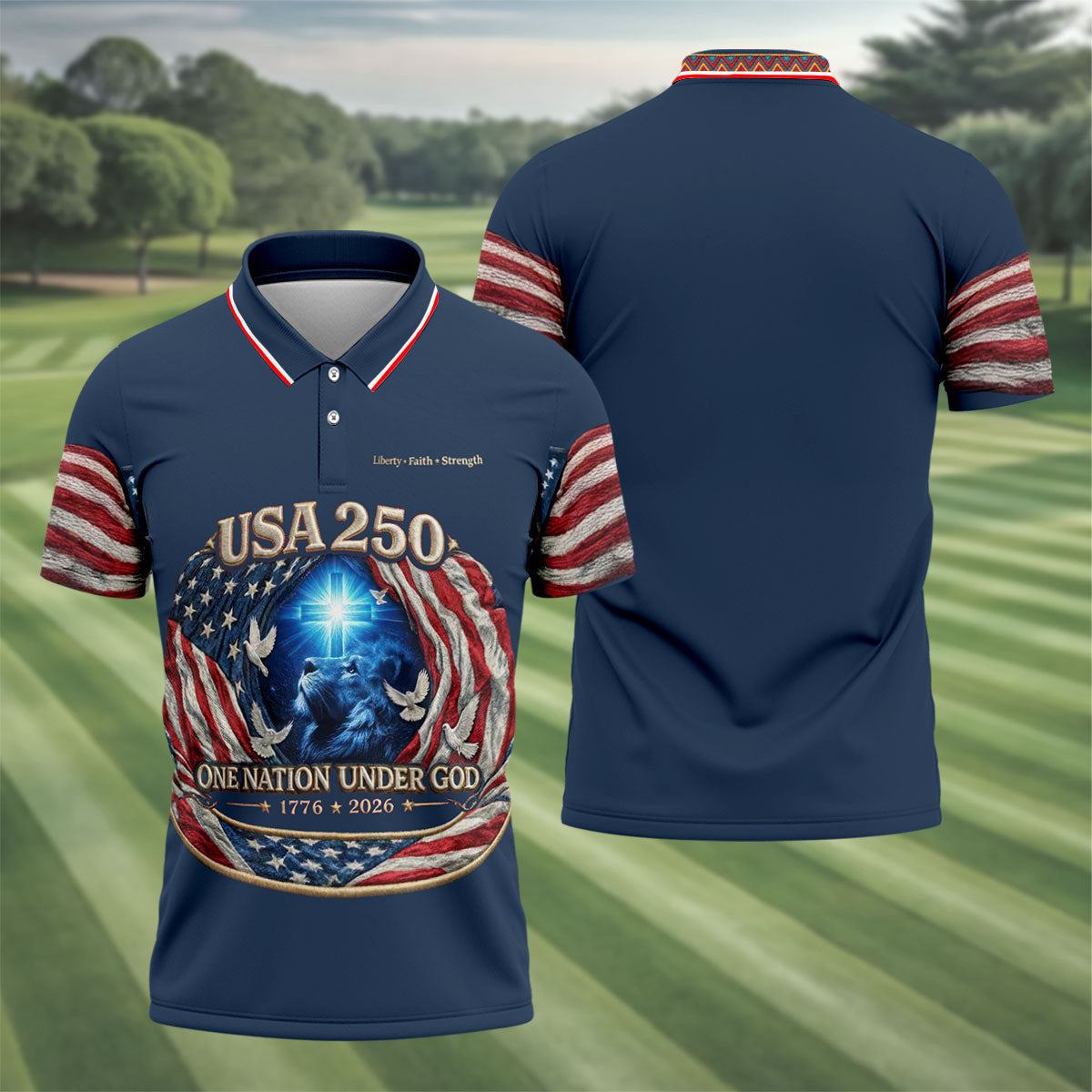 One Nation Under God Faith Cross USA 250 Navy Golf Shirt, 4th Of July Golf Shirts For Men