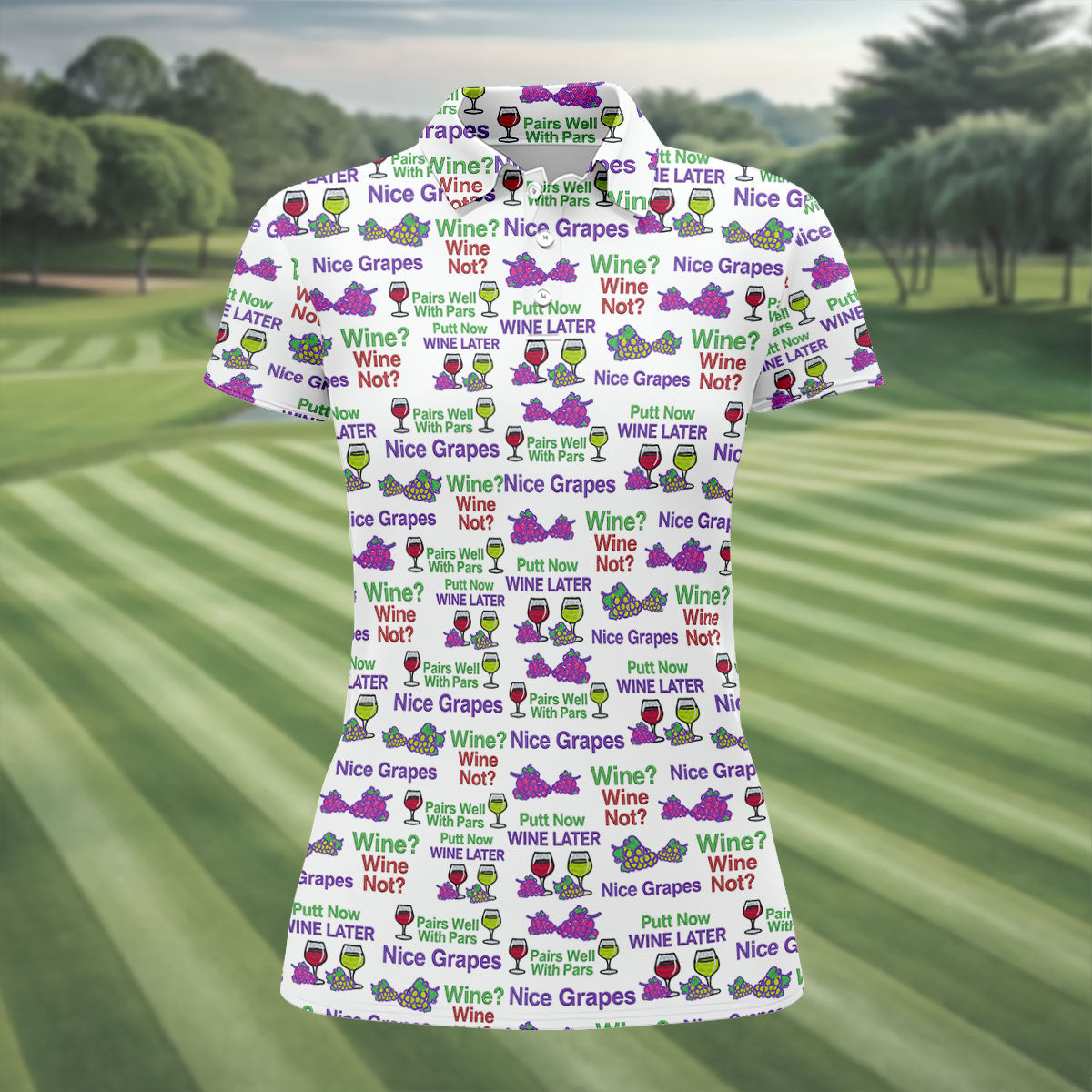 Wine Lover Golf Top, Grape Humor Print, Golf Shirts For Women