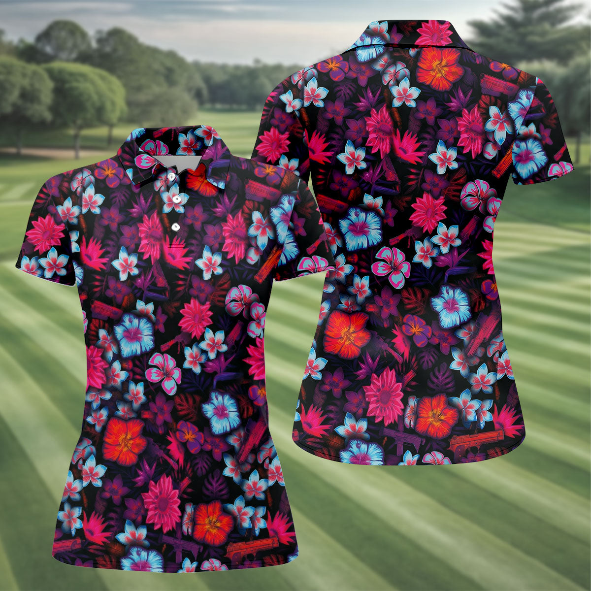 Colorful Hibiscus Tropical Floral Hawaiian Golf Shirt, Summer Vibe Golf Shirt For Women