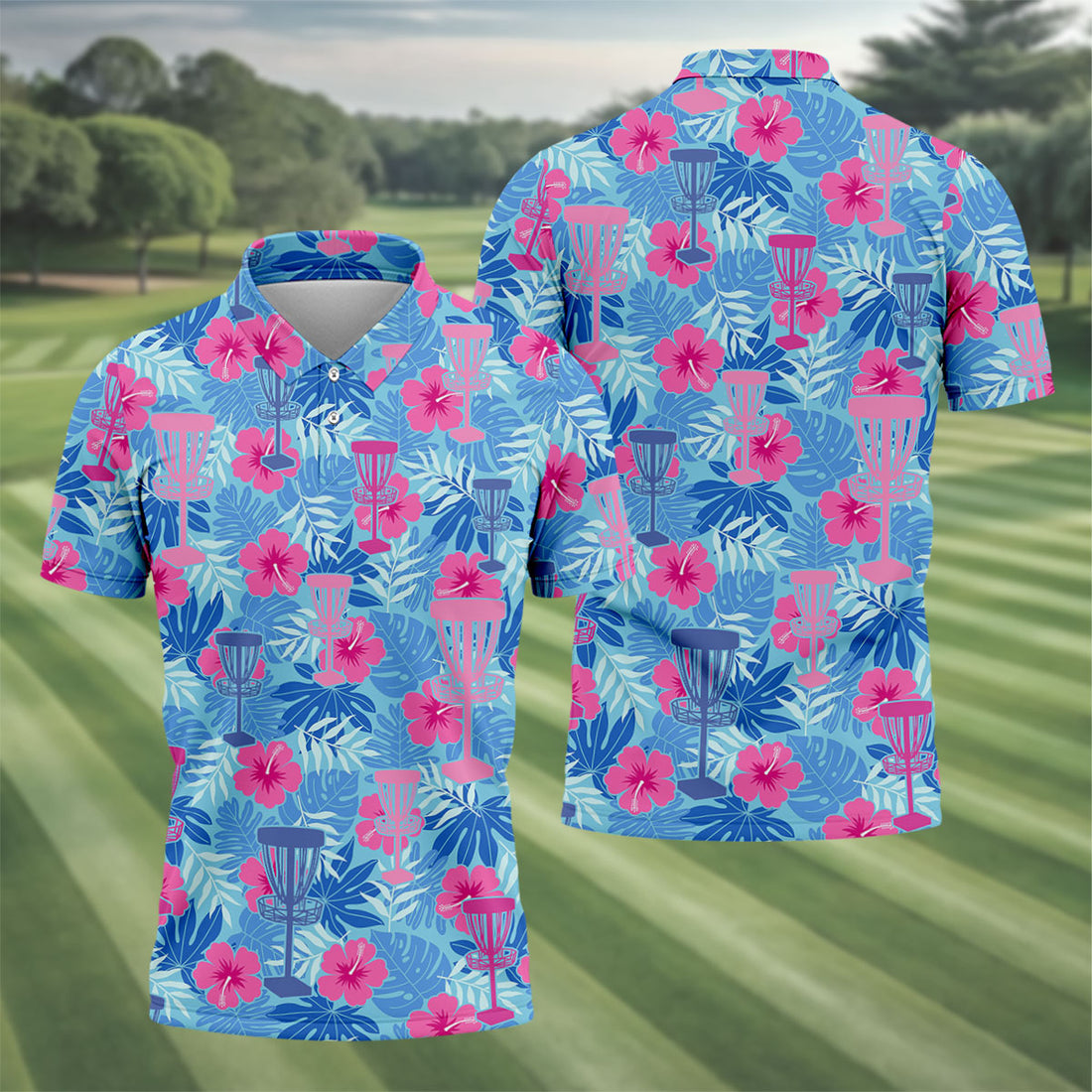 Blue Hibiscus Disc Golf Polo Shirt, Hawaiian Golf Shirt, Mens Golf Shirts