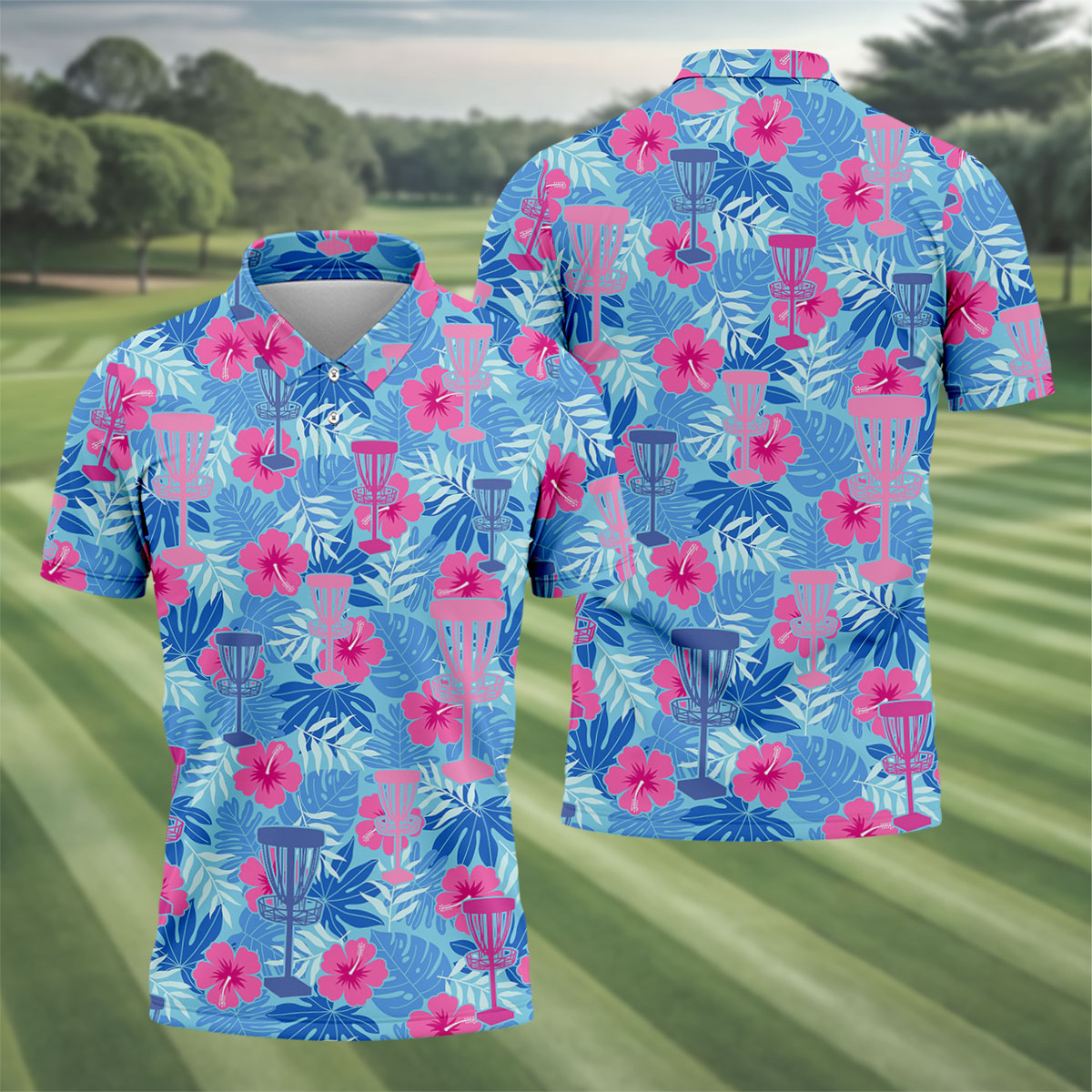 Blue Hibiscus Disc Golf Polo Shirt, Hawaiian Golf Shirt, Mens Golf Shirts