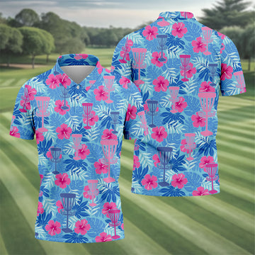Blue Hibiscus Disc Golf Polo Shirt, Hawaiian Golf Shirt, Mens Golf Shirts