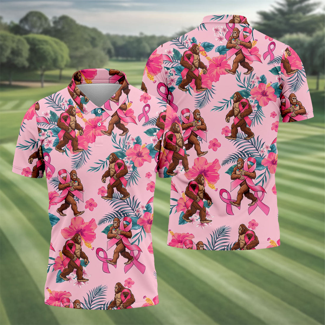 Bigfoot Pink Ribbon Floral Breast Cancer Polo Shirt, Mens Golf Polo, Mens Golf Shirts