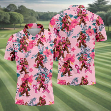 Bigfoot Pink Ribbon Floral Breast Cancer Polo Shirt, Mens Golf Polo, Mens Golf Shirts