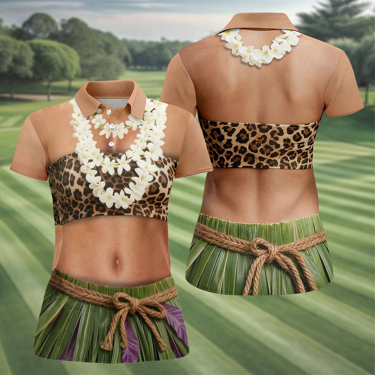 Floral Lei Tropical Theme Party Leopard Print Hawaiian Golf Shirt, Golf Shirt For Women