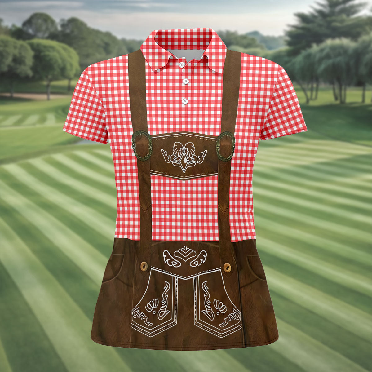 Women's Red Oktoberfest Lederhosen Illusion Sleeveless Golf Polo, Golf Shirts For Women, Women's Golf Apparel