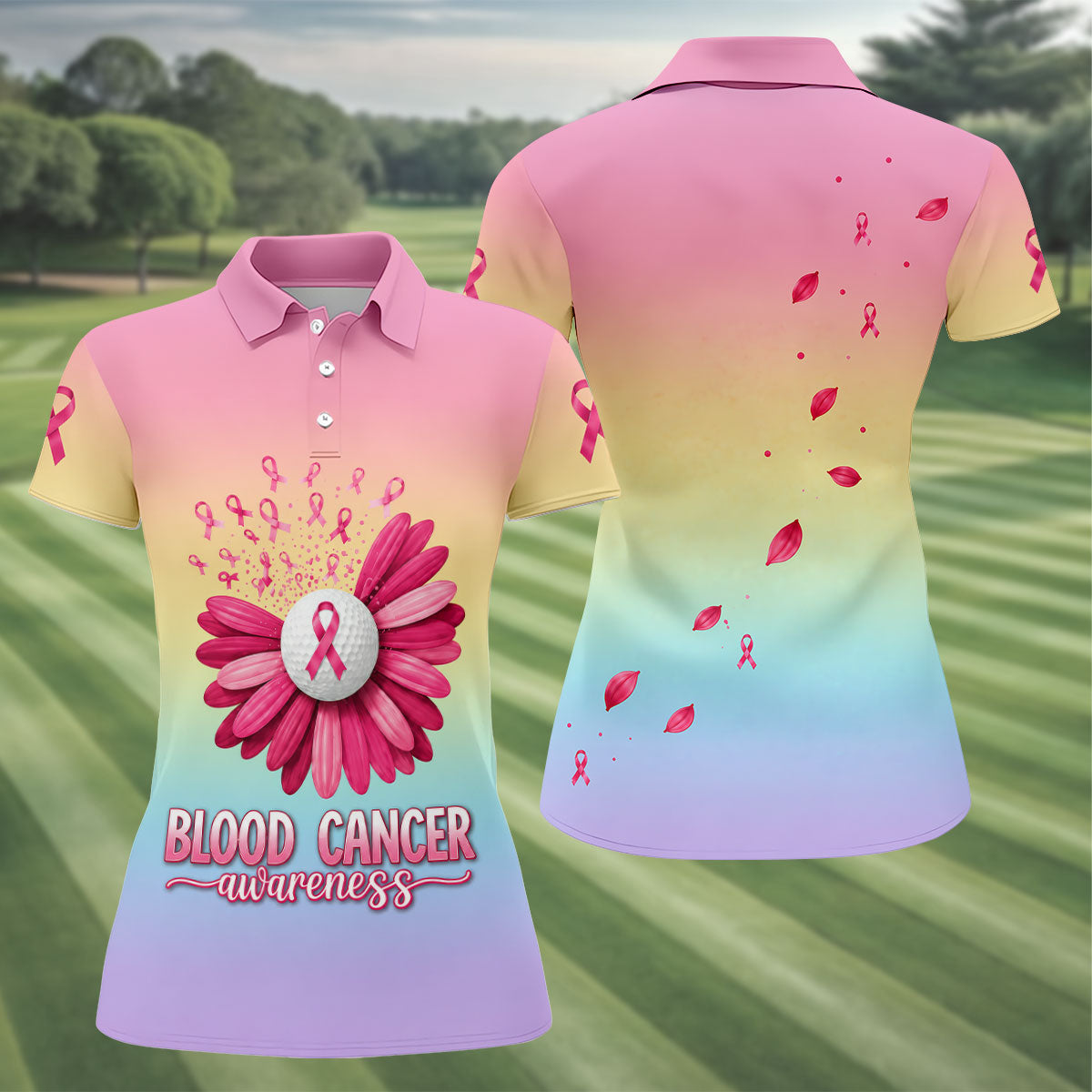Blood Cancer Awareness Flower Golf Polo Shirt, Women's Golf Tops, Women's Golf Apparel