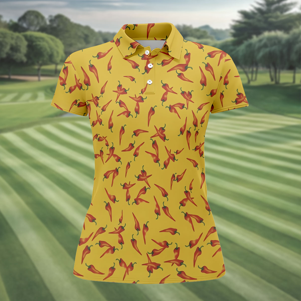 Red Chilli Yellow Hawaiian Golf Shirt, Summer Vibe Ladies Golf Tops, Golf Shirt For Women