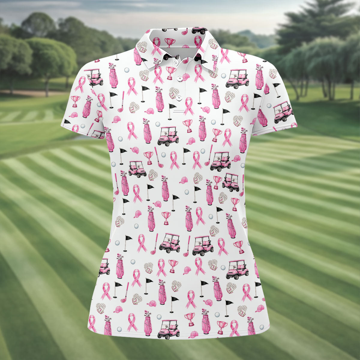 Pink Golf Cart Ribbon Breast Cancer Polo Shirt, Womens Golf Polo, Golf Tops For Women
