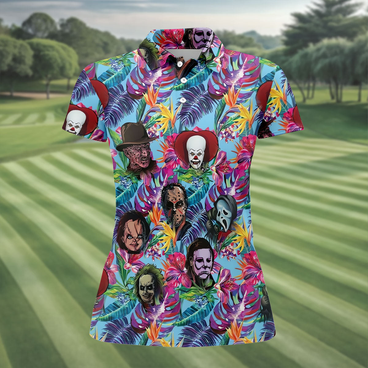Tropical Horror Character Halloween Golf Shirt, Golf Tops For Women, Ladies Golf Top