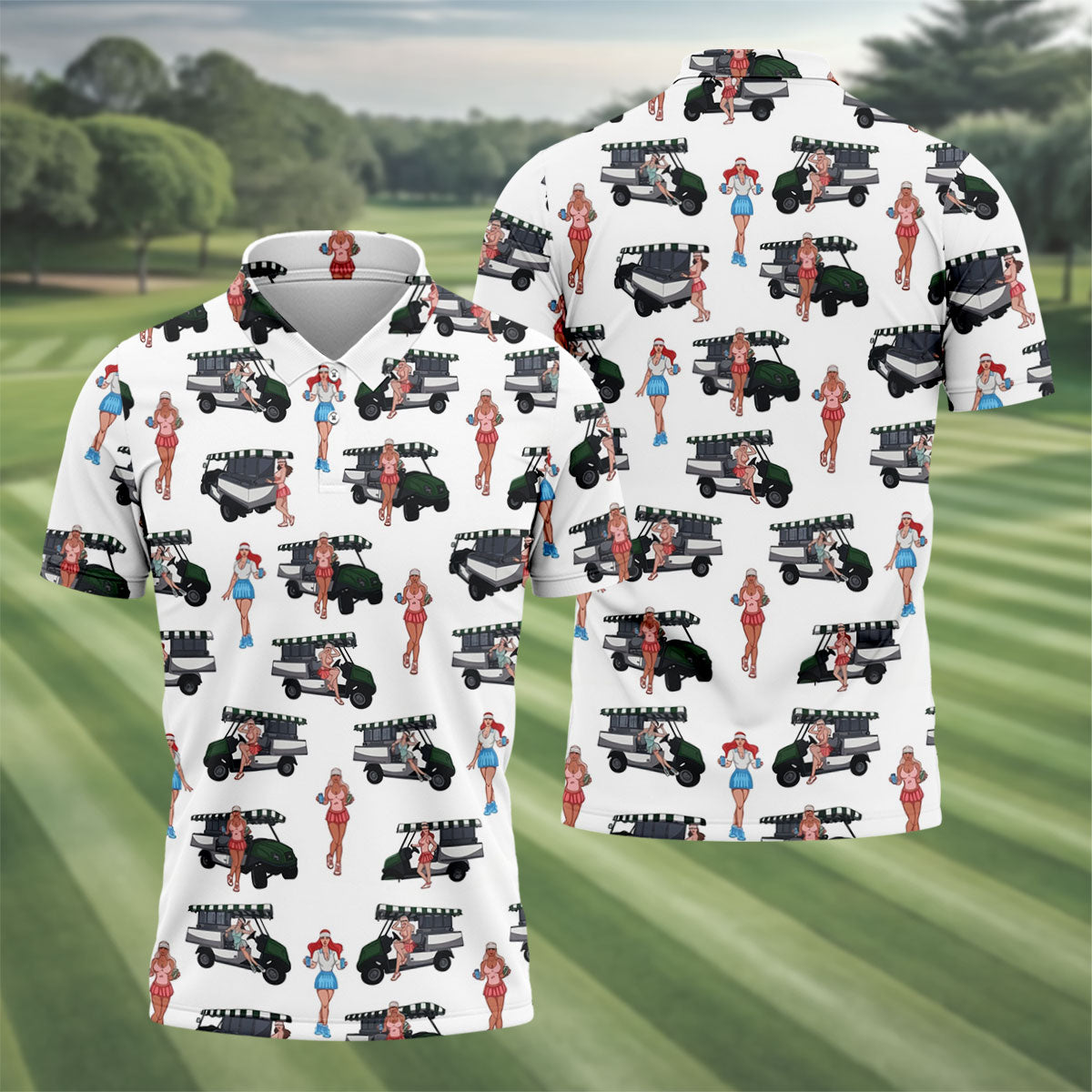 Golf Cart Girls Pattern Golf Polo Shirt, Hawaiian Golf Shirt, Mens Golf Apparel
