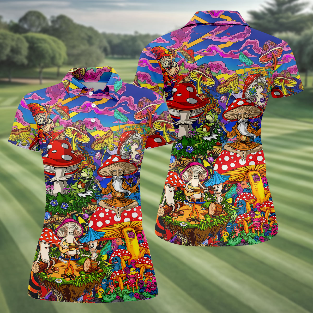 Psychedelic Mushroom Forest Fantasy Golf Polo, Women's Golf Polo, Printed Golf Shirt
