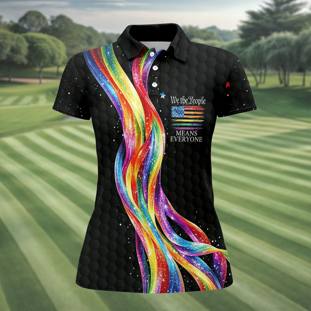 We The People Means Everyone LGBT Rainbow Ladies Golf Tops, Pride Month Celebrate Golf Shirt For Women