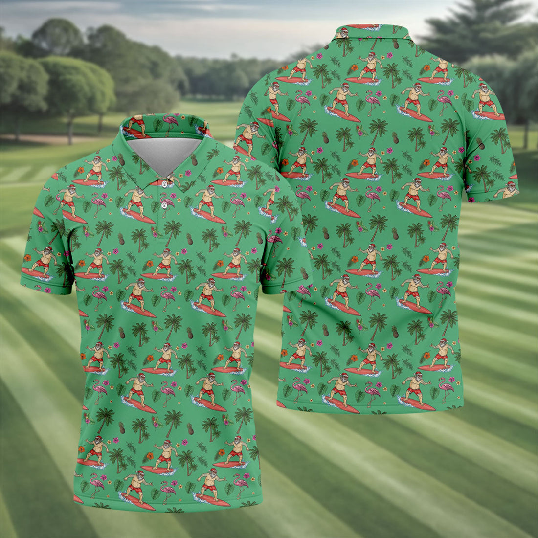 Santa Flamingo Tropical Golf Shirt, Christmas Golf Shirt, Golf Apparel For Men