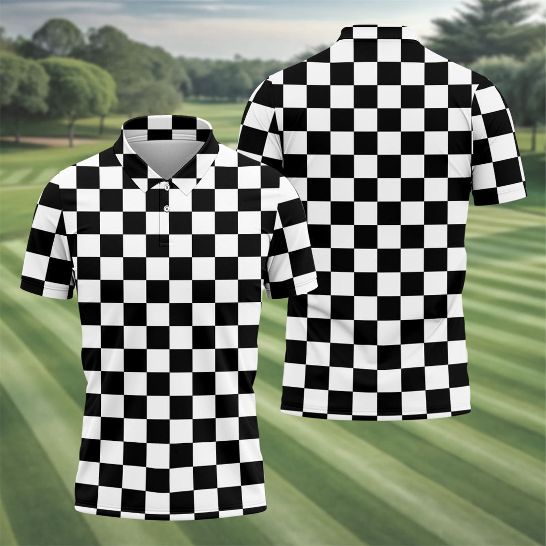 Black White Checkerboard Golf Shirt, Racing Flag Men's Golf Polo, Polo Shirts For Men