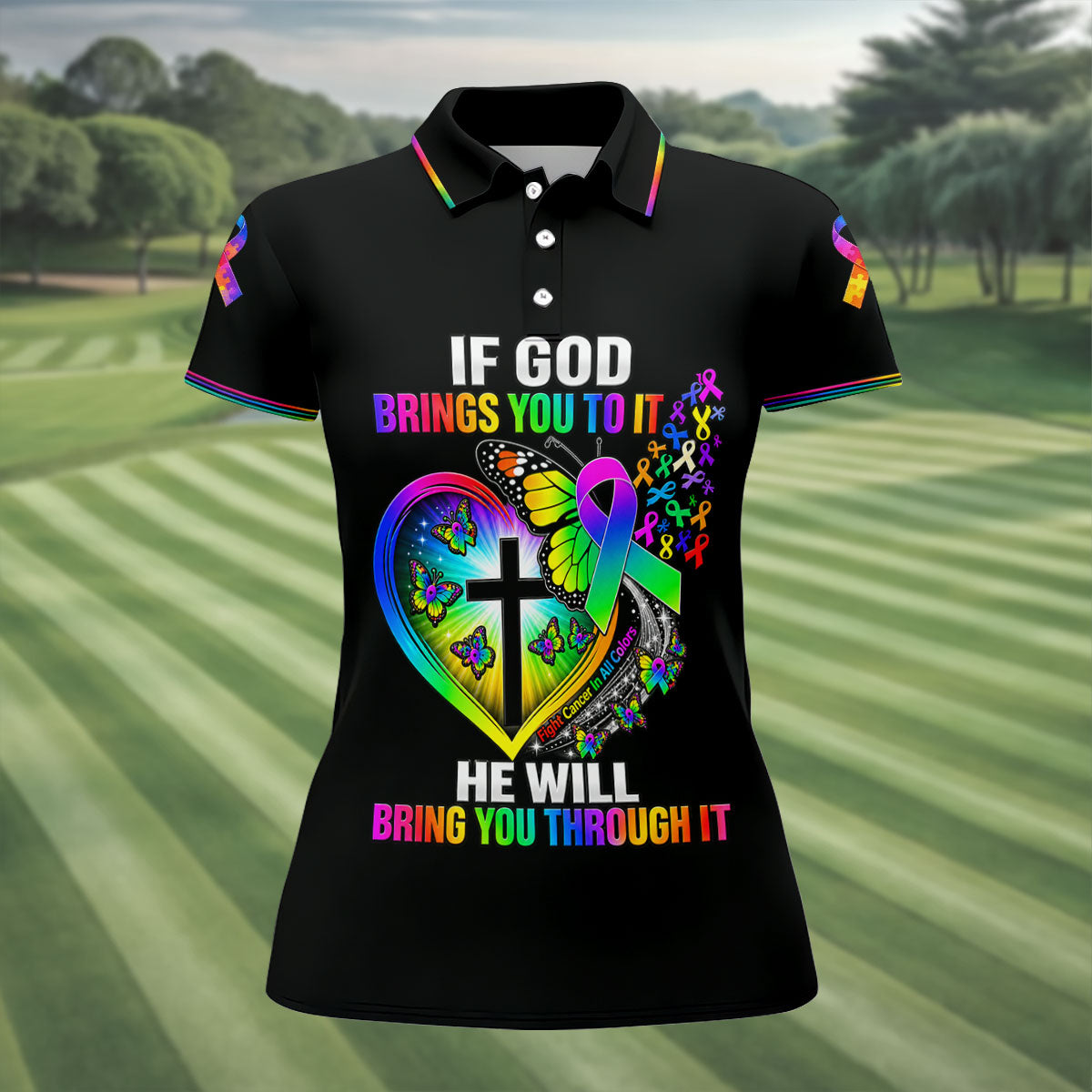 If God Brings You To It Butterfly Cancer Polo Shirt, Ladies Golf Tops, Printed Golf Shirt