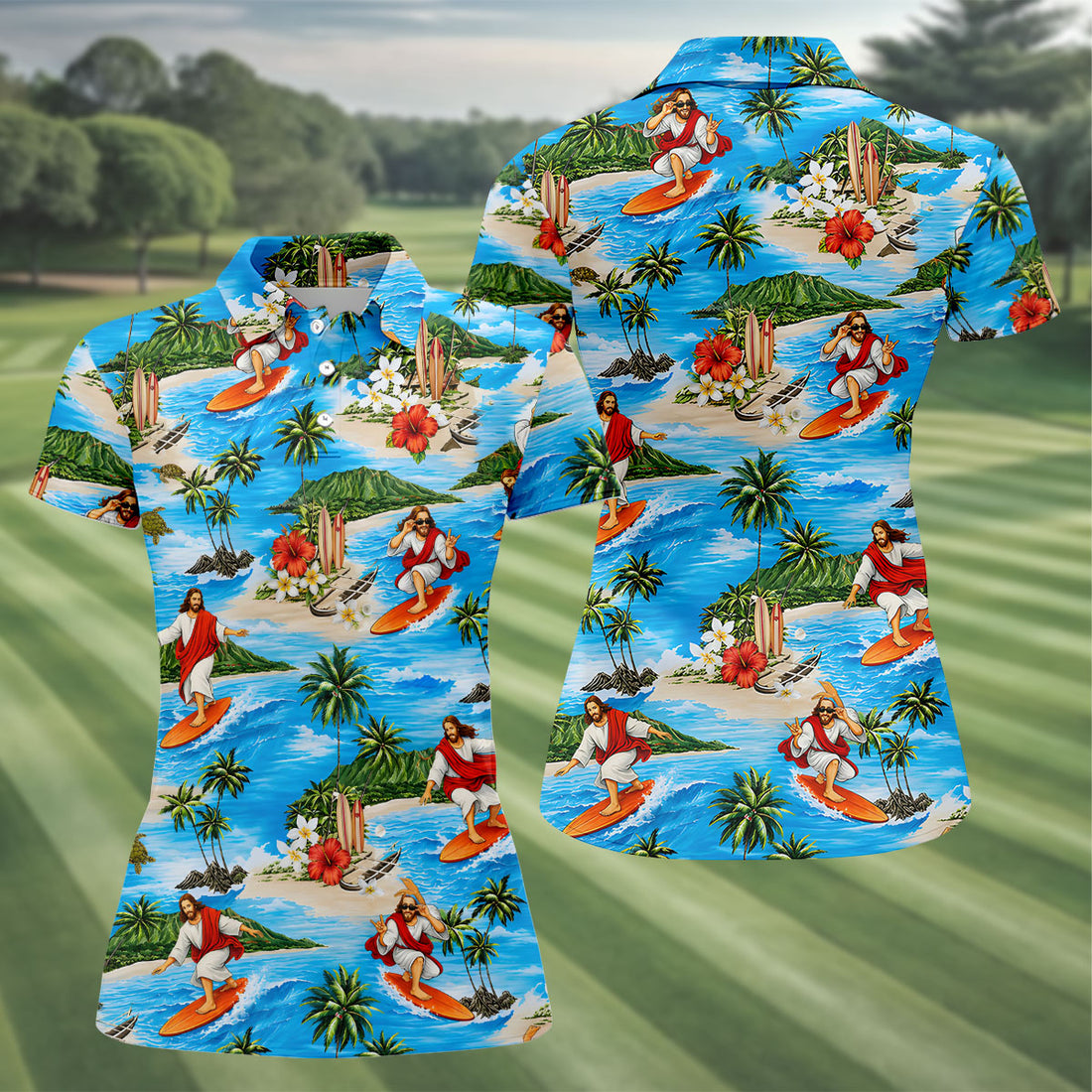 Funny Beach Surfer Jesus Hawaiian Golf Shirt, Golf Polo For Women, Printed Golf Shirt
