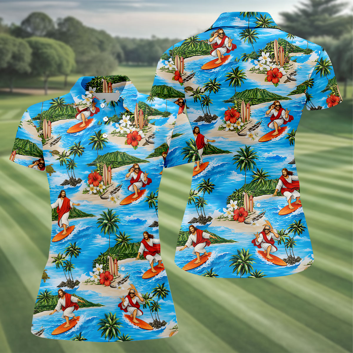 Funny Beach Surfer Jesus Hawaiian Golf Shirt, Golf Polo For Women, Printed Golf Shirt