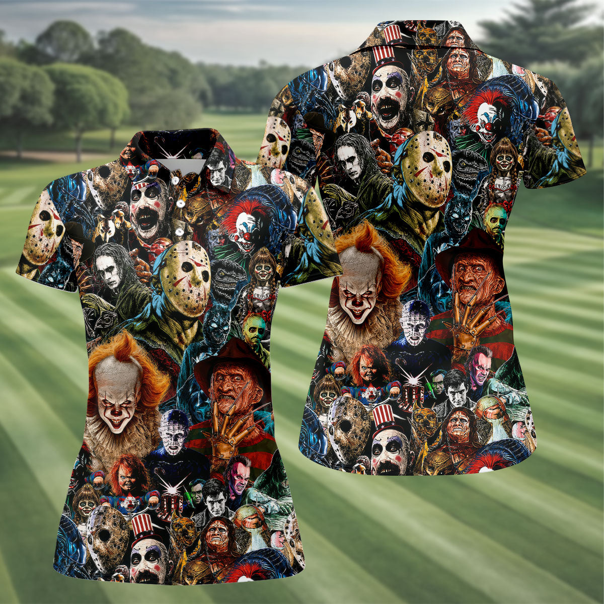 Classic Horror Character Icons Collage Golf Polo Shirt, Women's Golf Polo, Ladies Golf Shirts