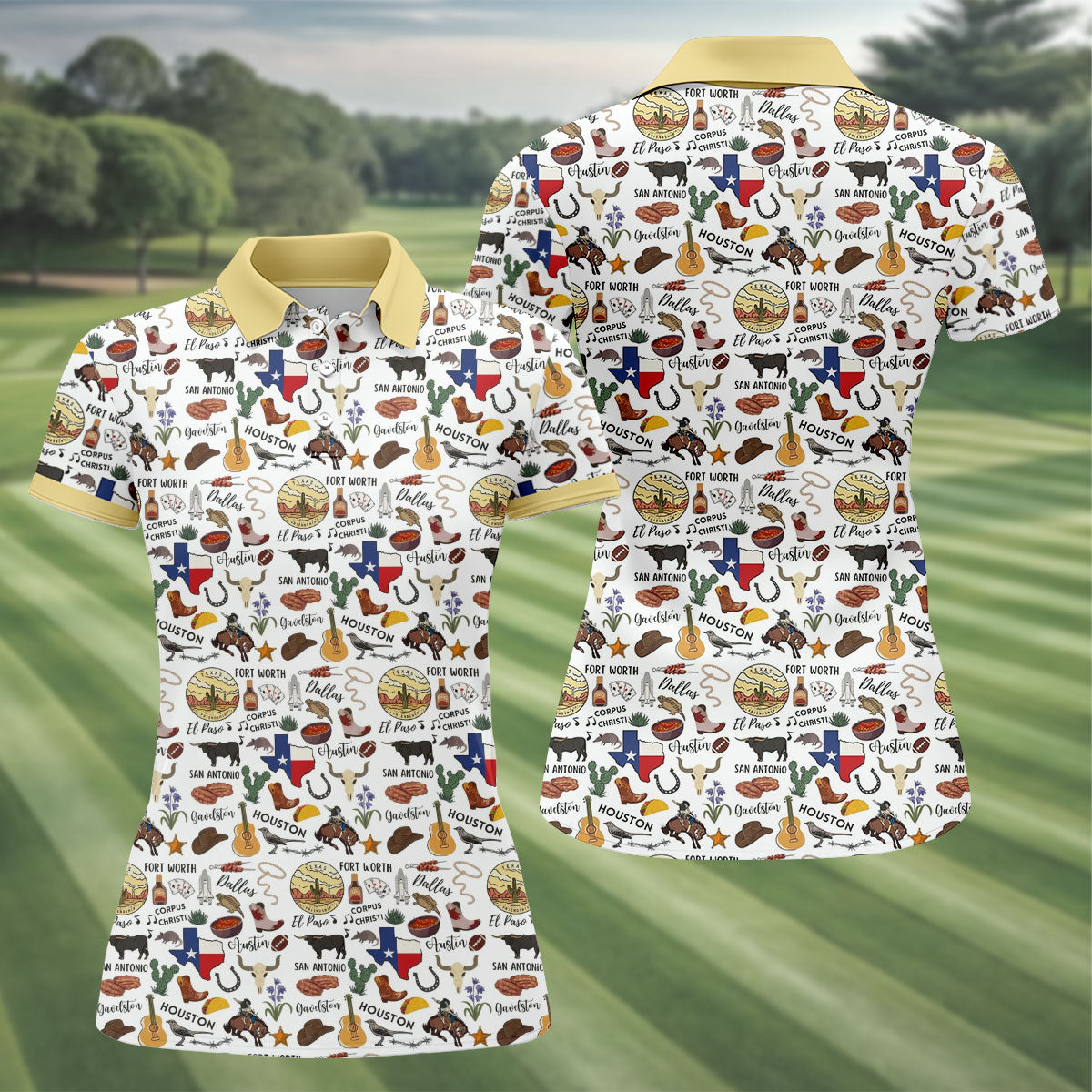 Texas Symbols Western Theme Doodle Style Women Golf Top, Ladies Golf Shirts, Golf Shirt For Women