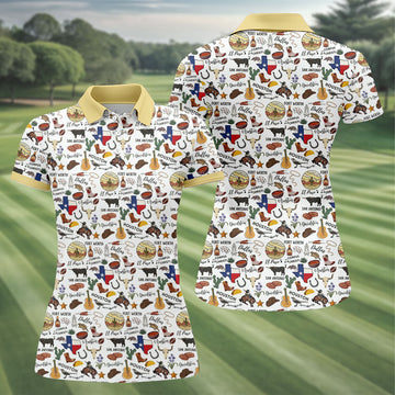 Texas Symbols Western Theme Doodle Style Women Golf Top, Ladies Golf Shirts, Golf Shirt For Women