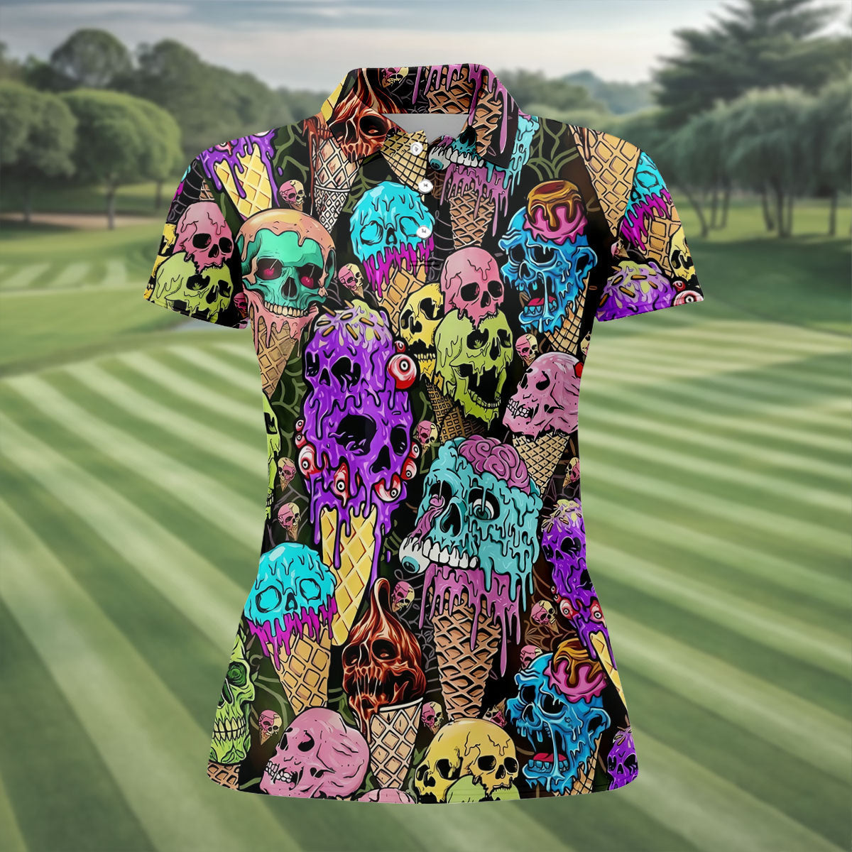 Melting Skull Ice Cream Halloween Golf Shirt, Golf Shirts For Women, Women's Golf Apparel