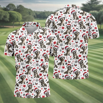 Christmas Raccoon Golfer Santa Hat Golf Polo Shirt, Mens Golf Shirts, Polo Shirts For Men