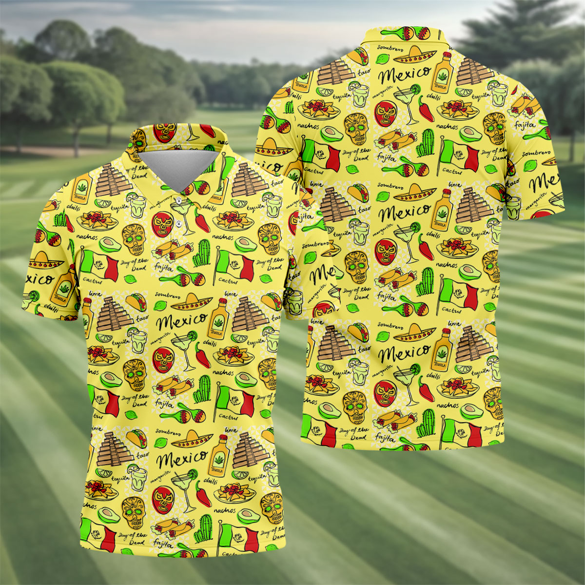 Mexican Cultural Symbols Day Of The Dead Golf Tops For Men, Cinco De Mayo Celebration Golf Shirts For Men