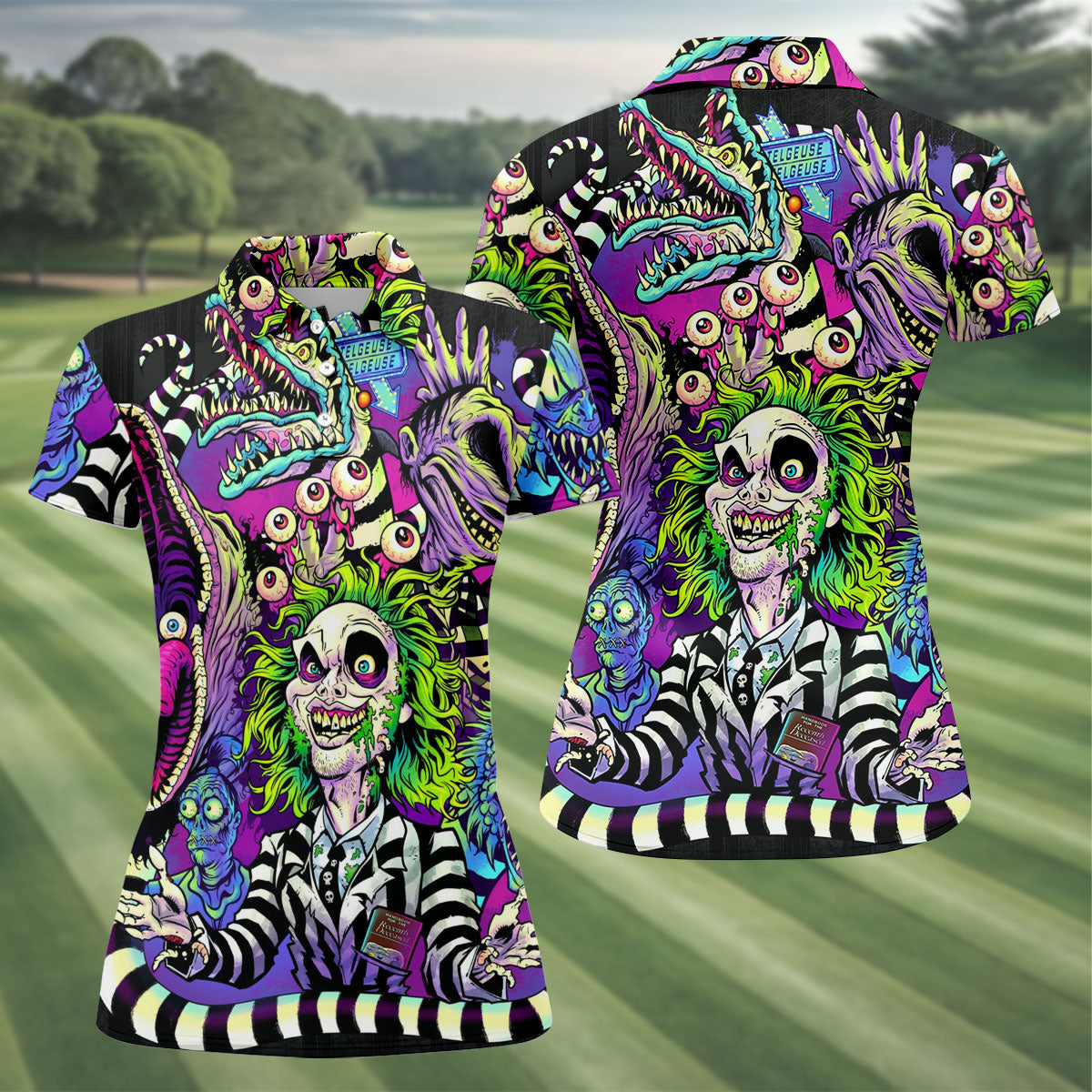 Neon Horror Character Monster Collage Golf Polo Shirt, Ladies Golf Shirts, Hawaiian Golf Shirt