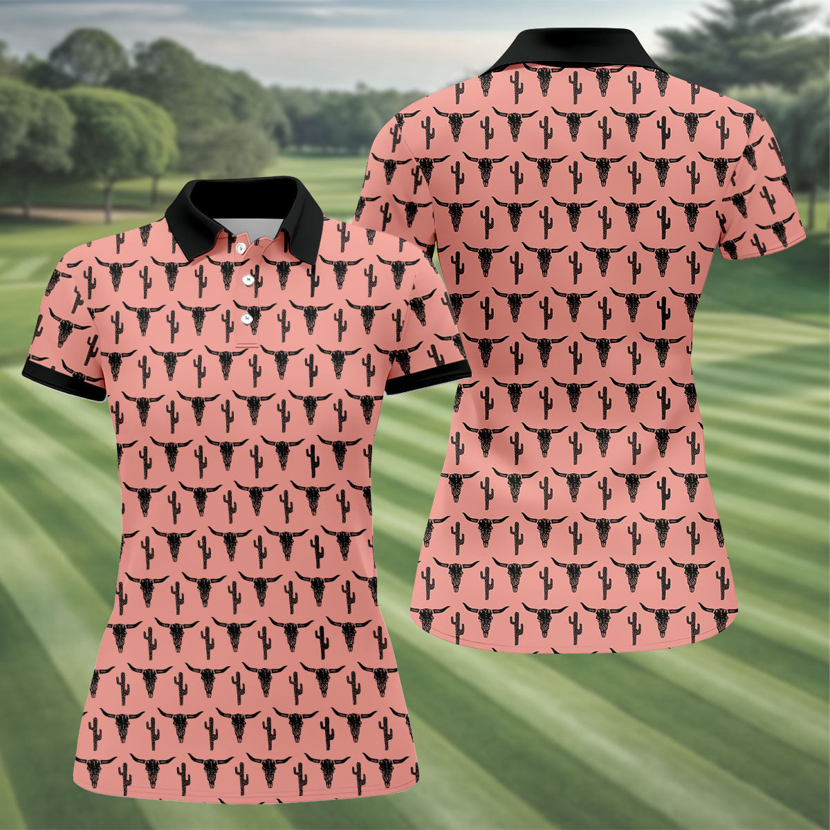 Longhorn Cow Skull Western Theme Peach Pink Women Golf Top, Ladies Golf Shirts, Golf Shirt For Women