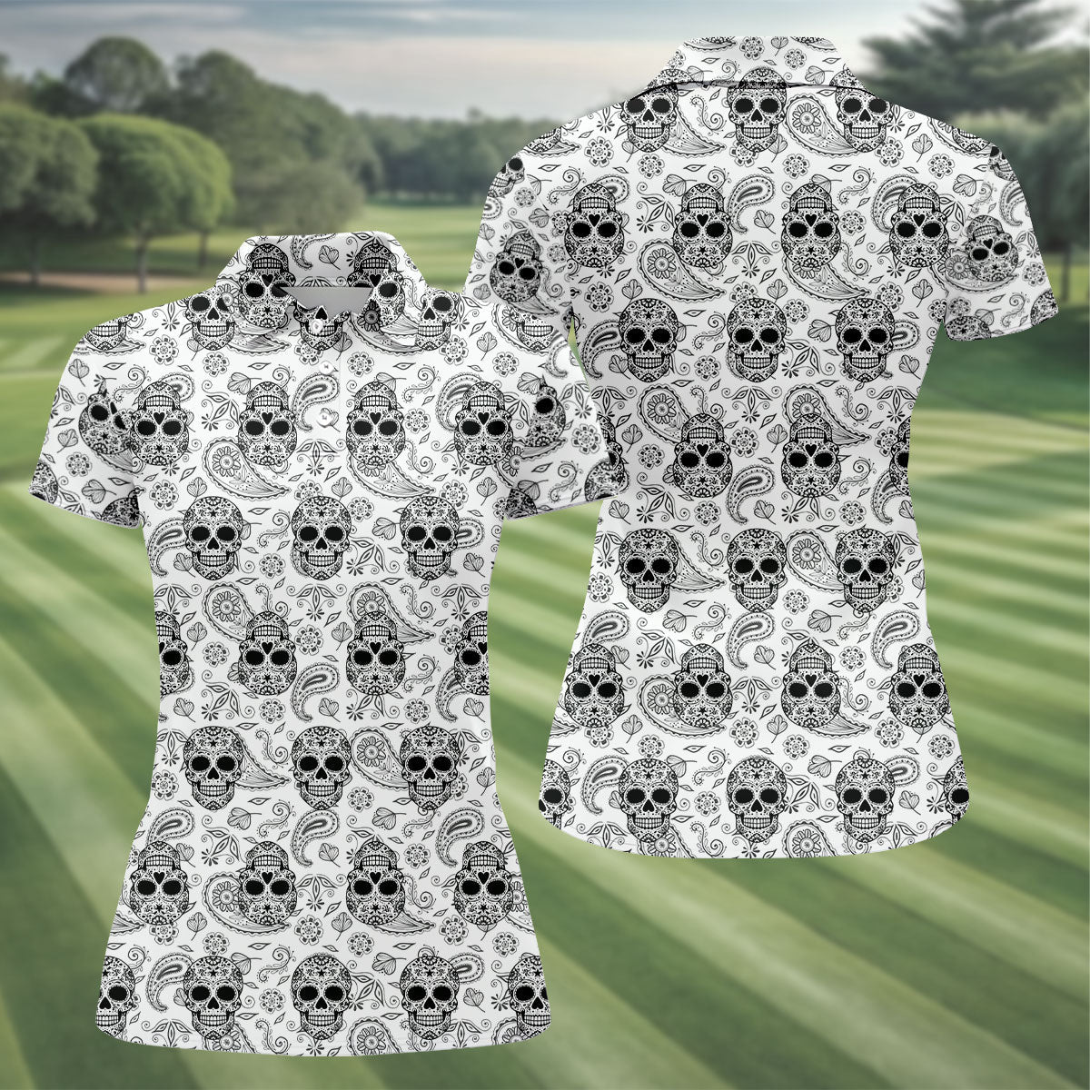 Sugar Skull Paisley Pattern Golf Polo Shirt, Ladies Golf Shirts, Women's Golf Apparel