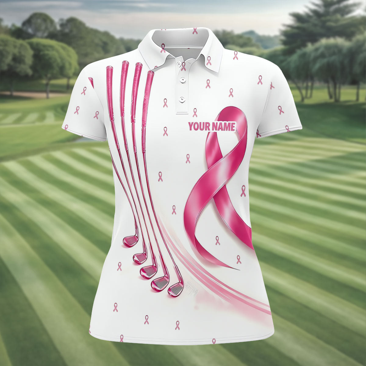 Support The Fighters Custom Pink Ribbon Golf Shirt, Ladies Golf Top, Golf Shirts For Women