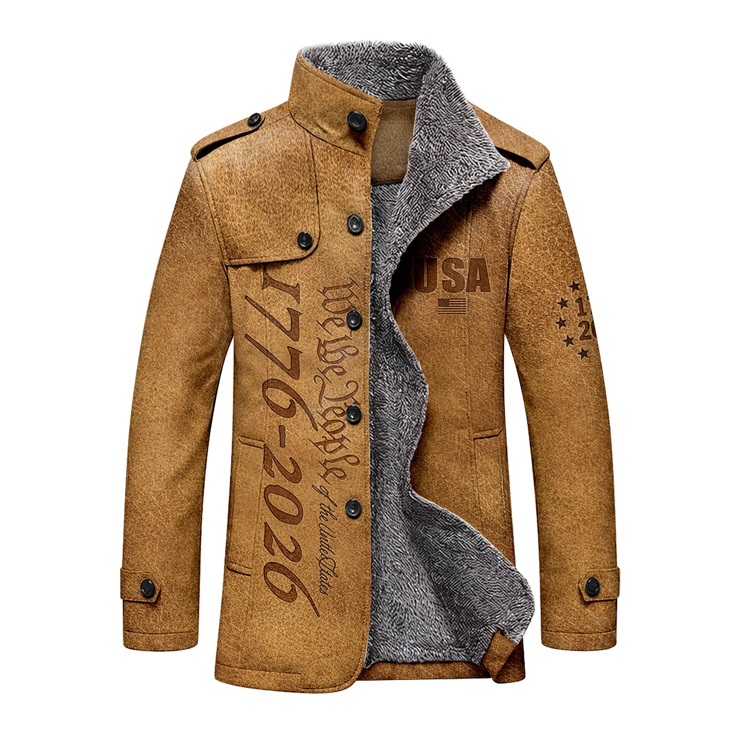 We The People 250 Years Silver Flag Men's Cold Premium Weather Jacket, Leather Trench Coat