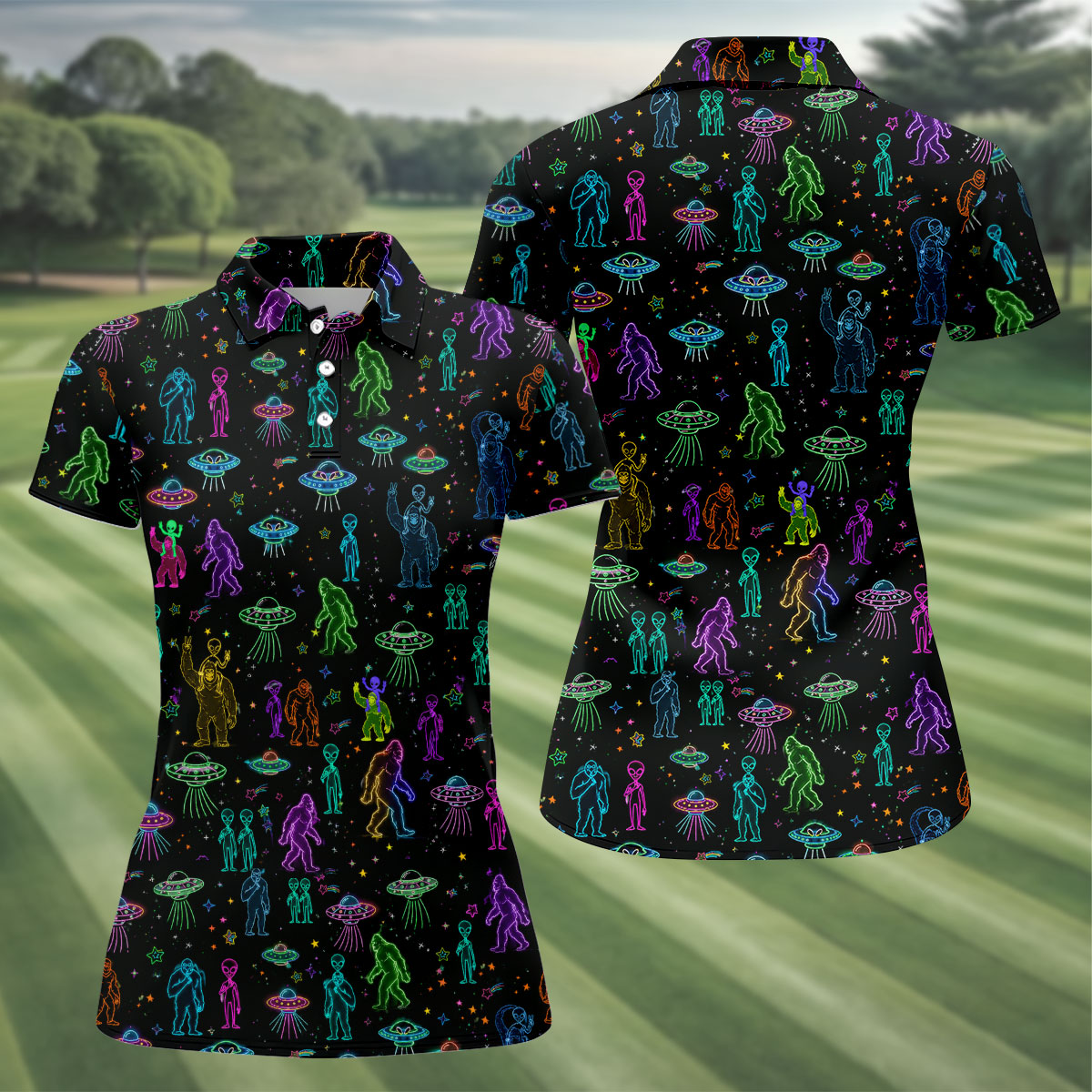 Neon Bigfoot Alien UFO Pattern Golf Polo Shirt, Women's Golf Tops, Golf Shirts For Women