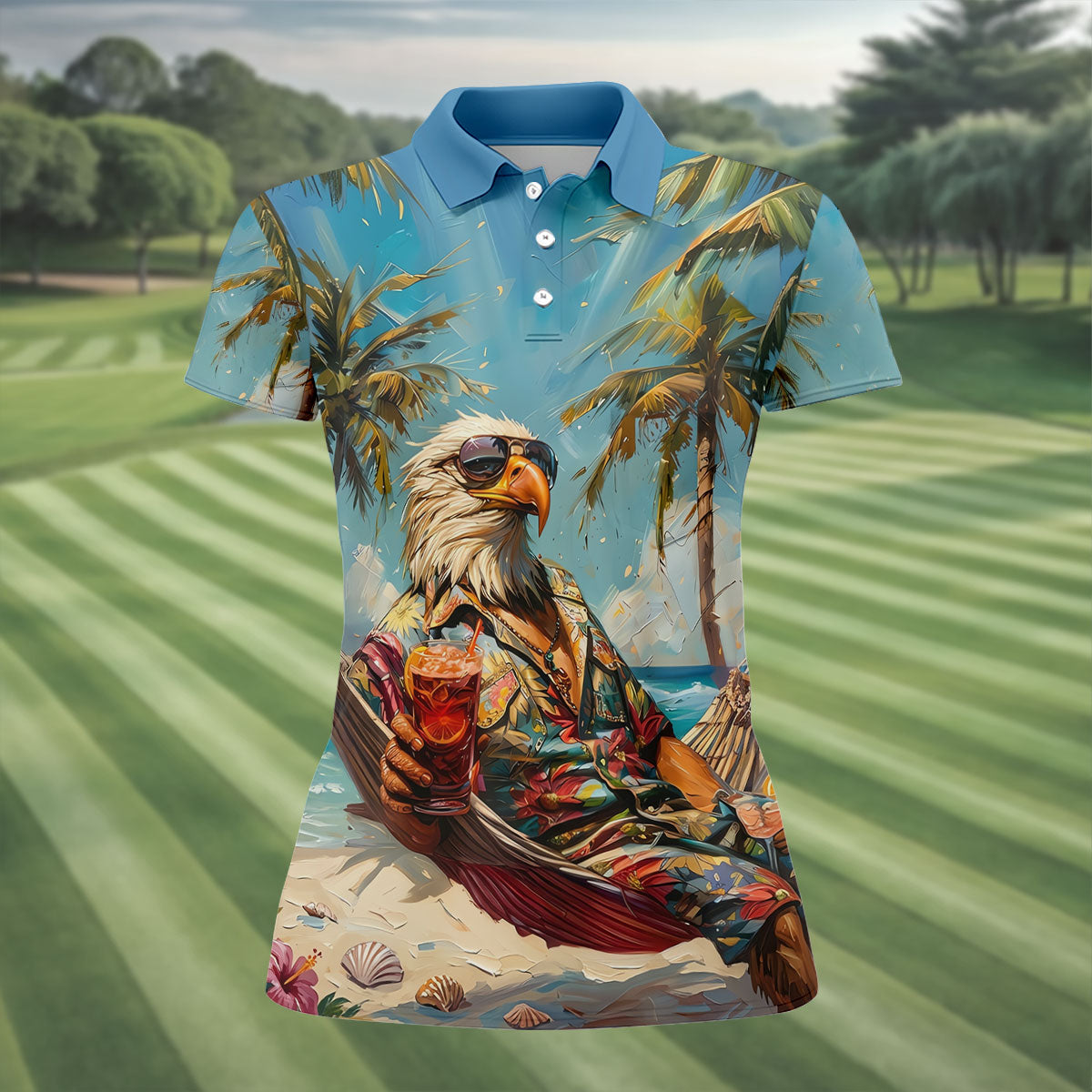 Cool Bald Eagle Tropical Vacation Hawaiian Golf Shirt, Vibrant Color Golf Shirt For Women